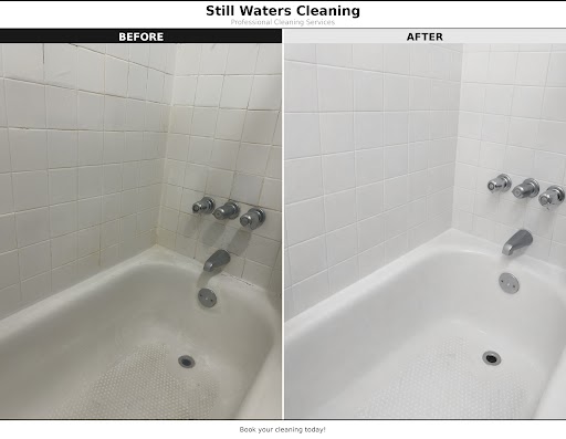 Bathtub before and after cleaning by Still Waters Cleaning