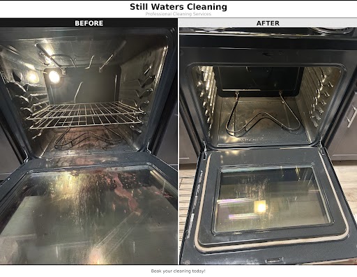 Oven interior before and after deep cleaning by Still Waters Cleaning