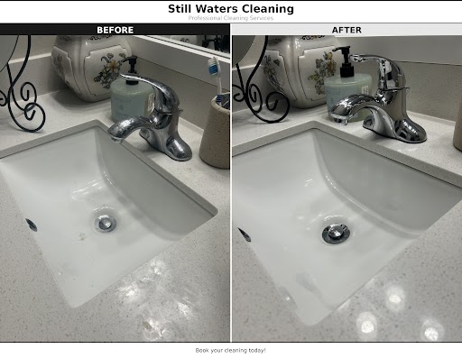 Bathroom sink before and after cleaning by Still Waters Cleaning