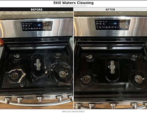 Stove top before and after deep cleaning by Still Waters Cleaning